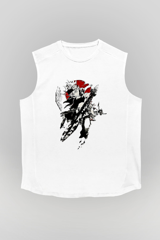 Black Clover Baskılı Beyaz Unisex Kolsuz Tişört - Tshirt