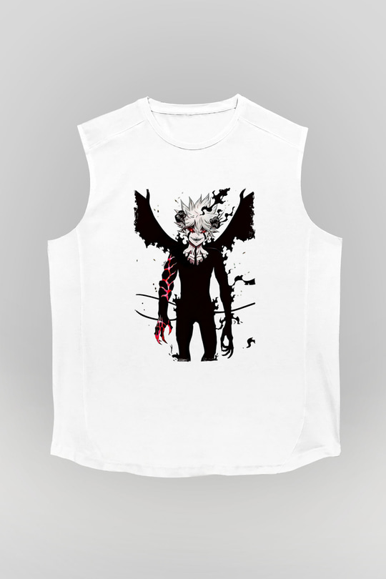 Black Clover Baskılı Beyaz Unisex Kolsuz Tişört - Tshirt