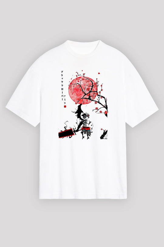 Black Clover Baskılı Beyaz Unisex Oversize Tişört - Tshirt