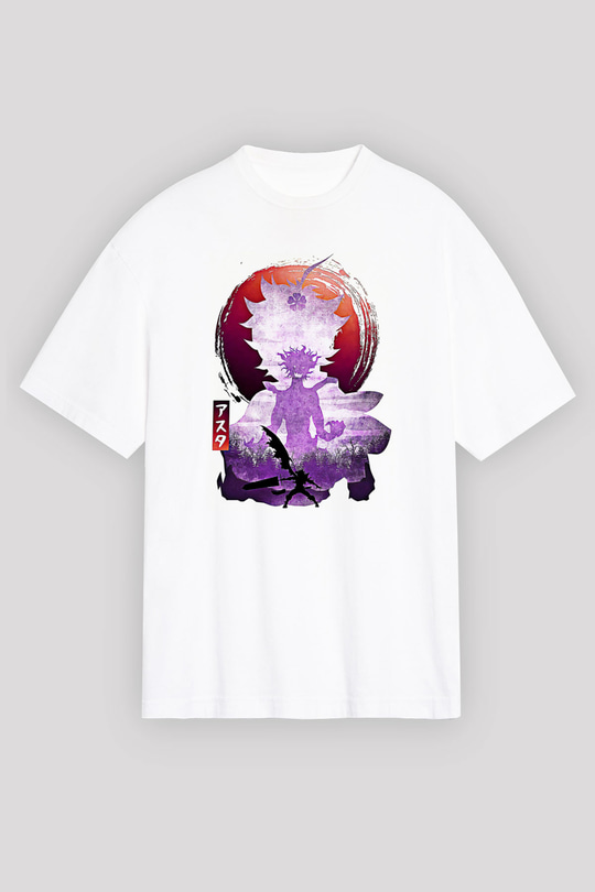 Black Clover Baskılı Beyaz Unisex Oversize Tişört - Tshirt
