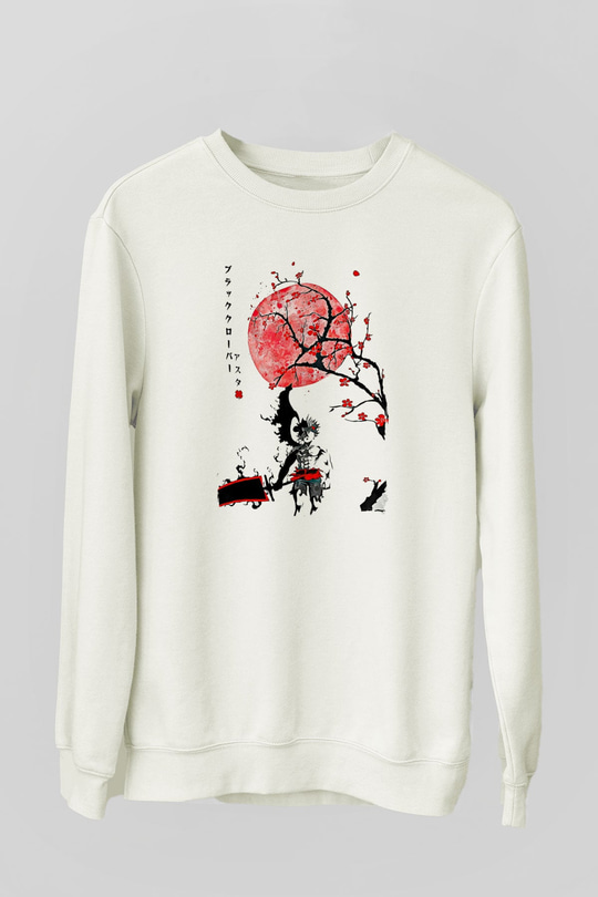 Black Clover Baskılı Beyaz Unisex Sweatshirt