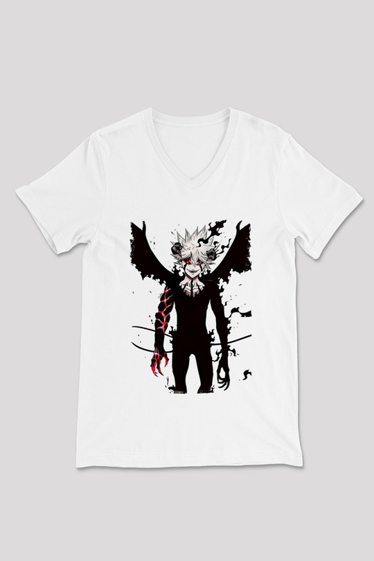 Black Clover Baskılı Beyaz Unisex V Yaka Tişört - Tshirt