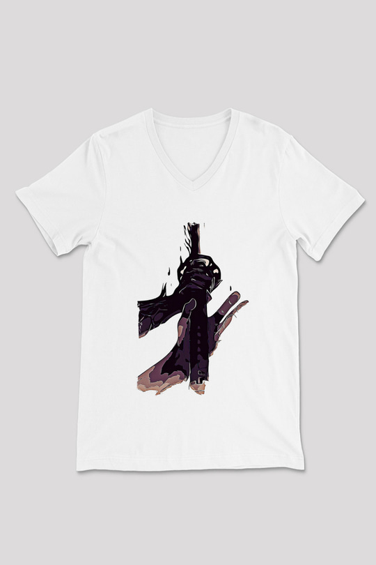 Black Clover Baskılı Beyaz Unisex V Yaka Tişört - Tshirt