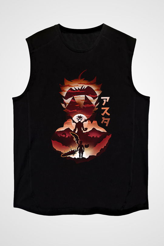 Black Clover Baskılı Unisex Siyah Kolsuz Tişört - Tshirt