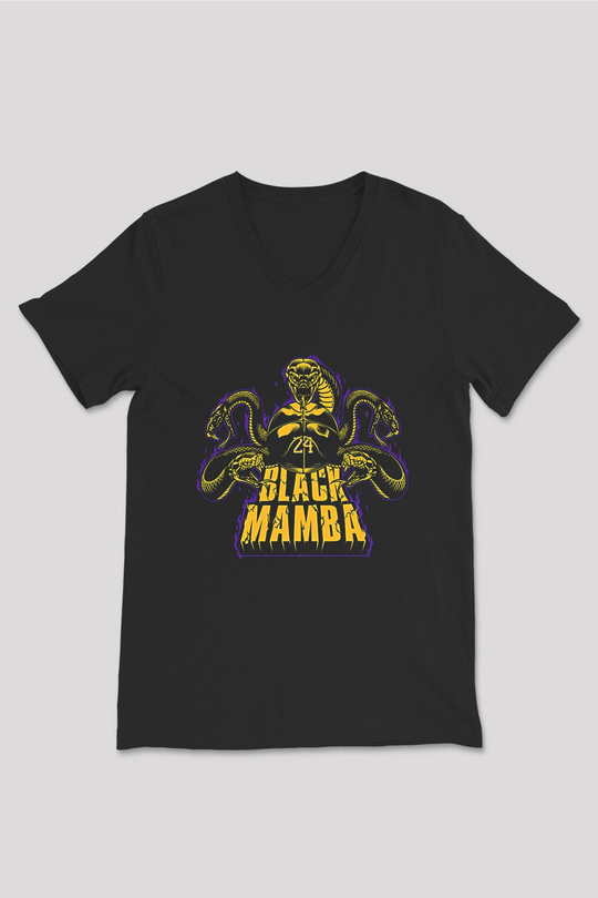 Black Mamba Baskılı Unisex Siyah V Yaka Tişört - Tshirt