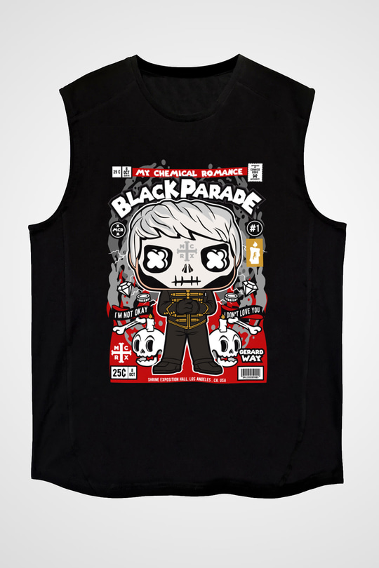 Black Parade Baskılı Unisex Siyah Kolsuz Tişört