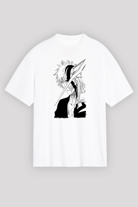 Bleach Baskılı Beyaz Unisex Oversize Tişört - Tshirt