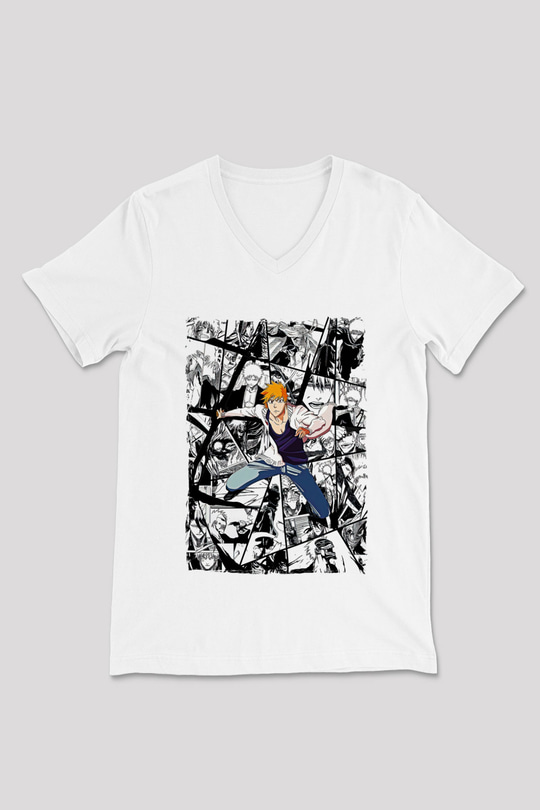 Bleach Baskılı Beyaz Unisex V Yaka Tişört - Tshirt