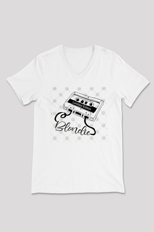 Blondie - Debbie Harry Baskılı Beyaz Unisex V Yaka Tişört - Tshirt