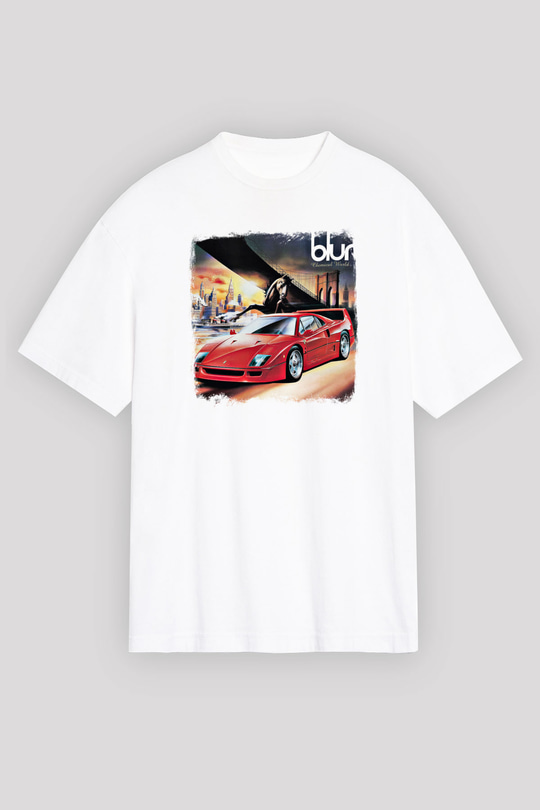 Blur Baskılı Unisex Beyaz Oversize Tişört
