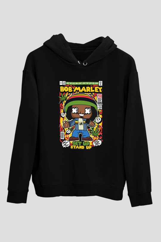 Bob Marley Baskılı Unisex Siyah Hoodie
