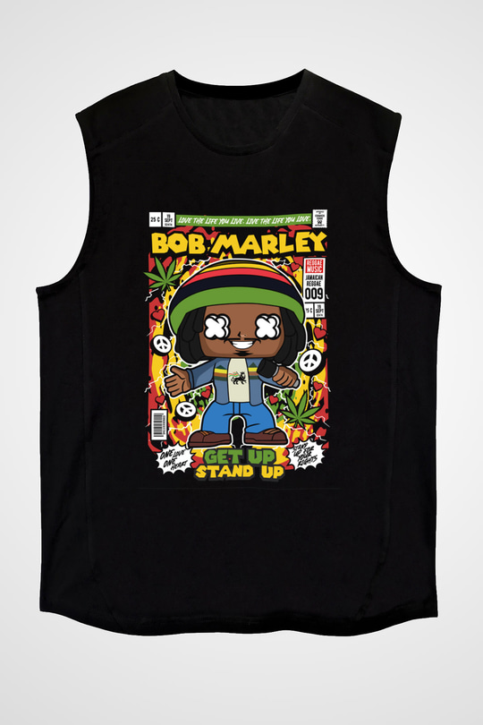 Bob Marley Baskılı Unisex Siyah Kolsuz Tişört