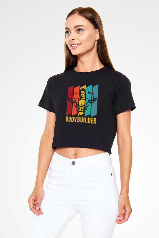 Body Builder Baskılı  Siyah  Crop Top Tişört