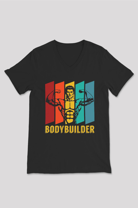 Body Builder Baskılı Unisex Siyah  V Yaka Tişört