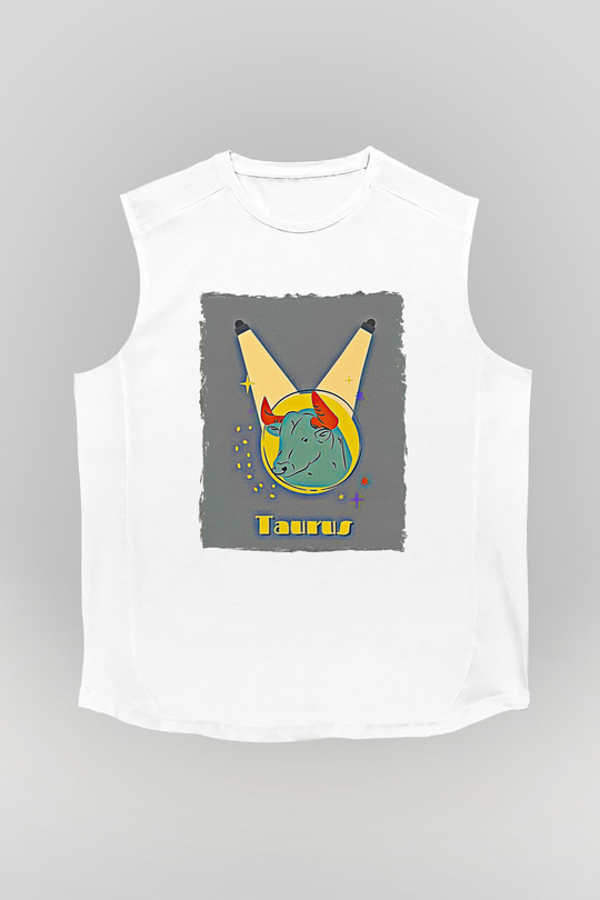Boğa Burcu Baskılı Beyaz Unisex Kolsuz Tişört - Tshirt
