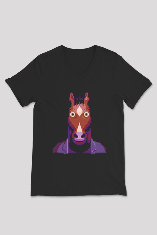 Bojack Horseman Baskılı Unisex Siyah V Yaka Tişört - Tshirt