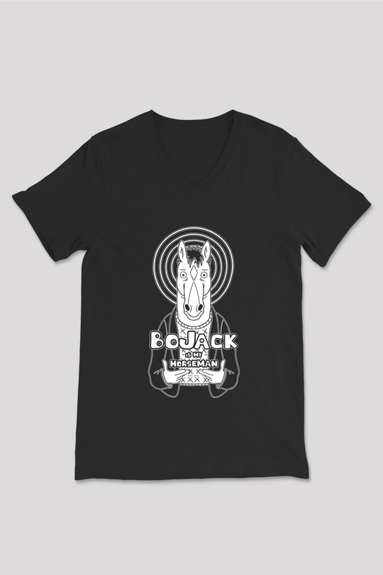Bojack Horseman Baskılı Unisex Siyah V Yaka Tişört - Tshirt