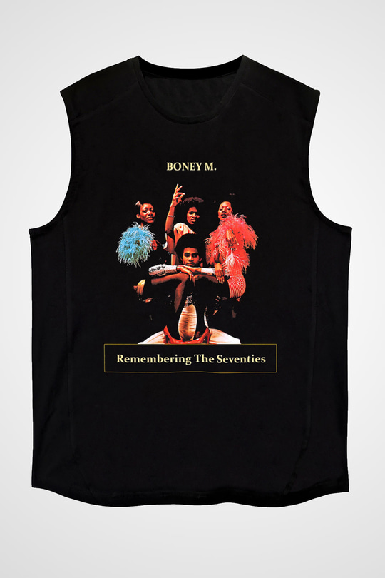 Boney M Baskılı Unisex Siyah Kolsuz Tişört - Tshirt
