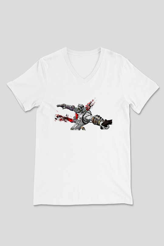 Borderlands Baskılı Beyaz Unisex V Yaka Tişört - Tshirt