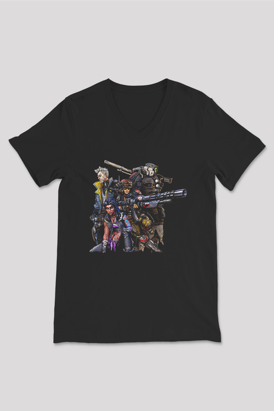 Borderlands Baskılı Unisex Siyah V Yaka Tişört - Tshirt