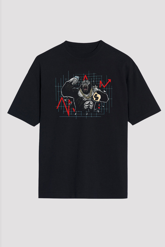 Borsacı Goril Baskılı Unisex Siyah Tişört