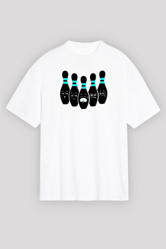 Bovling Baskılı Unisex Beyaz Oversize Tişört - Tshirt