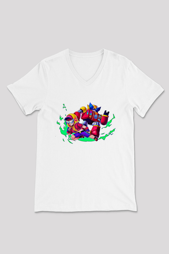 Brawl Stars Baskılı Beyaz Unisex V Yaka Tişört - Tshirt