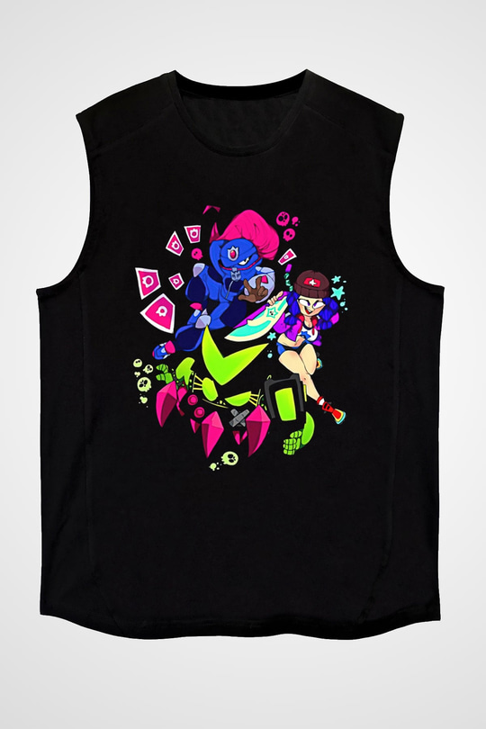 Brawl Stars Baskılı Unisex Siyah Kolsuz Tişört - Tshirt