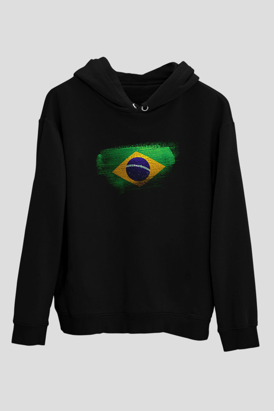 Brezilya - Brazil Bayrağı Baskılı Unisex Siyah Hoodie