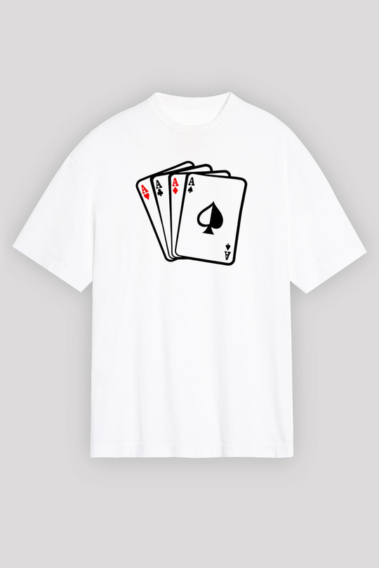 Briç Baskılı Unisex Beyaz Oversize Tişört - Tshirt