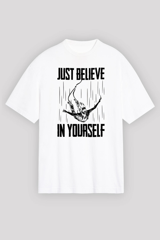 Bungee Jumping Baskılı Unisex Beyaz Oversize Tişört - Tshirt