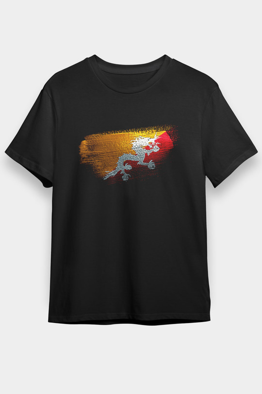 Butan - Bhutan Bayrağı Baskılı Unisex Siyah Tişört
