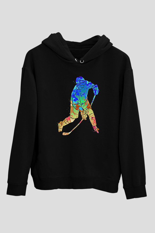 Buz Hokeyi - Ice Hockey Baskılı Unisex Siyah Hoodie