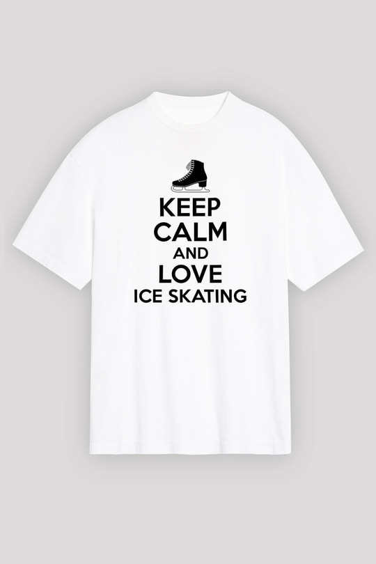 Buz Pateni Baskılı Unisex Beyaz Oversize Tişört - Tshirt