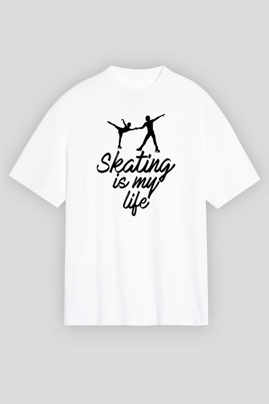 Buz Pateni Baskılı Unisex Beyaz Oversize Tişört - Tshirt
