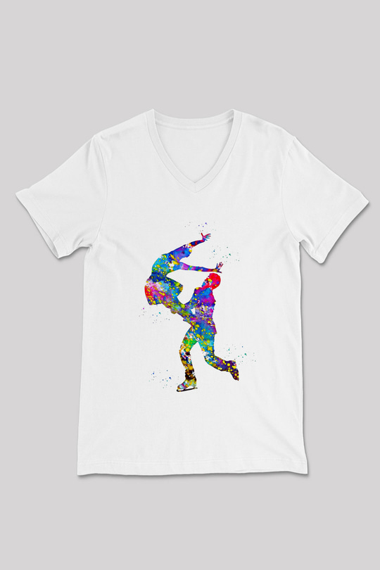 Buz Pateni Baskılı Unisex V Yaka Tişört - Tshirt
