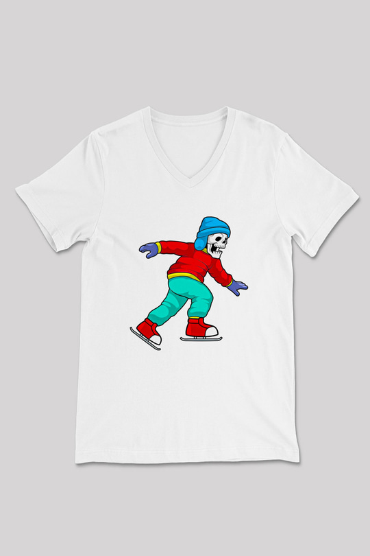 Buz Pateni Baskılı Unisex V Yaka Tişört - Tshirt