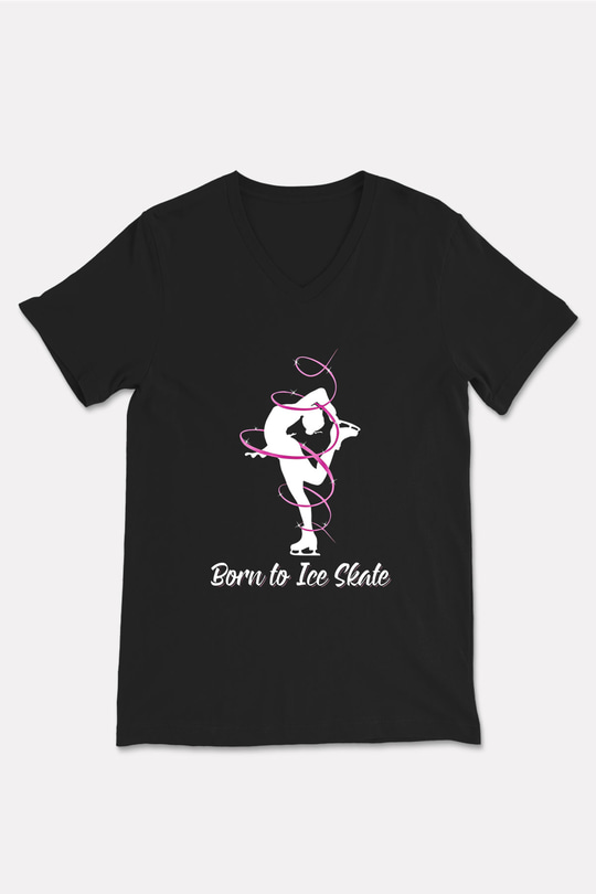 Buz Pateni - Ice skating Baskılı Unisex Siyah V Yaka Tişört