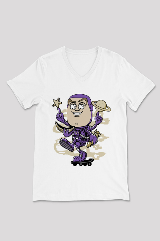 Buzz Skateboard Baskılı Unisex Beyaz V Yaka Tişört