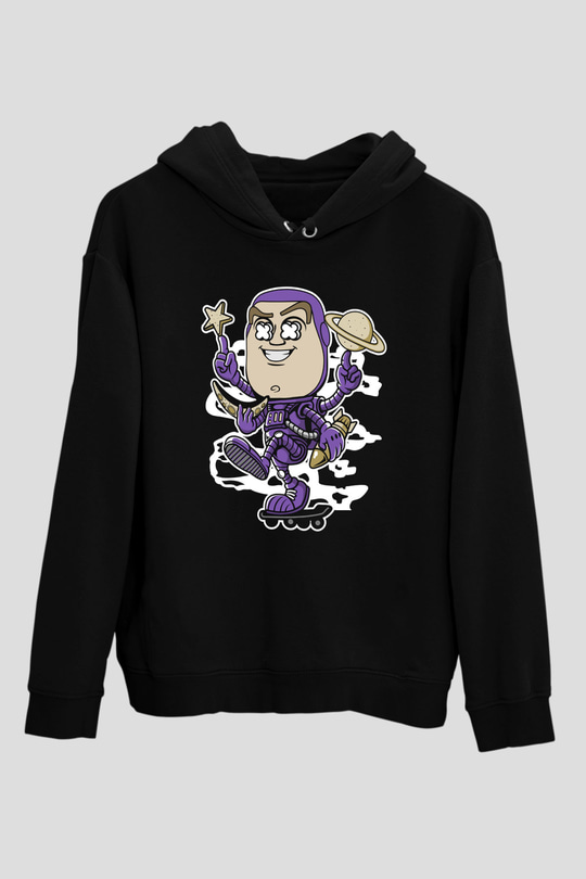 Buzz Skateboard Baskılı Unisex Siyah Hoodie