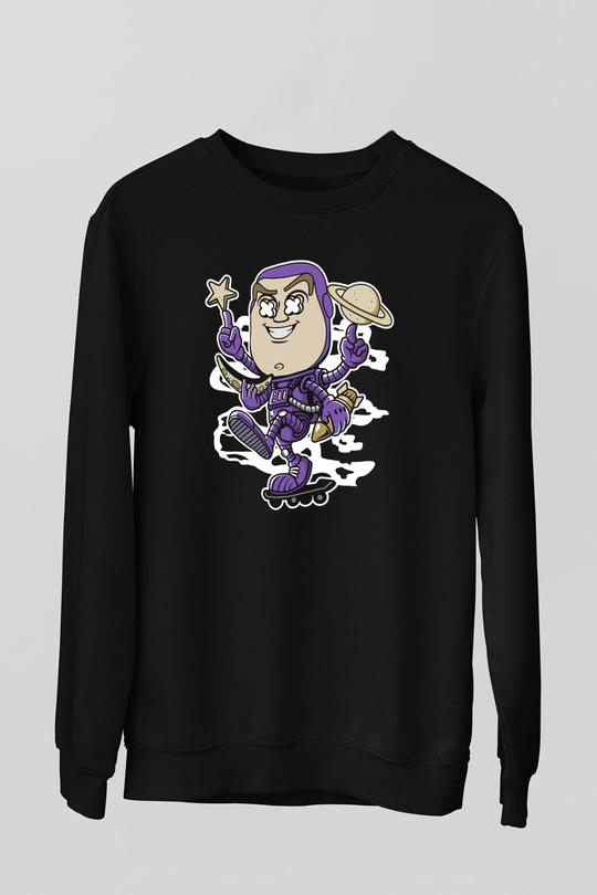 Buzz Skateboard Baskılı Unisex Siyah Sweatshirt