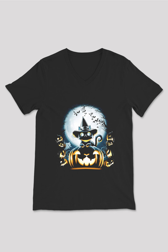 Cadılar Bayramı-Halloween Siyah Unisex V Yaka Tişört