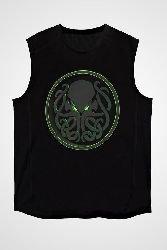 Call Of Ctulhu Baskılı Unisex Siyah Kolsuz Tişört - Tshirt