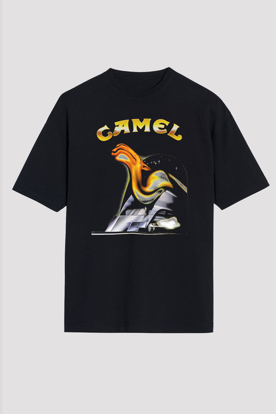 Camel Baskılı Unisex Siyah Oversize Tişört - Tshirt
