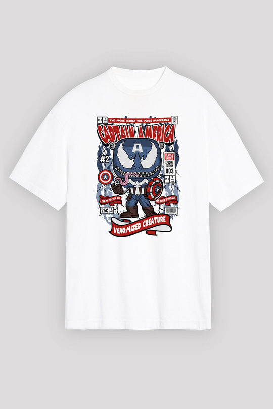 Captain America Baskılı Unisex Beyaz Oversize Tişört