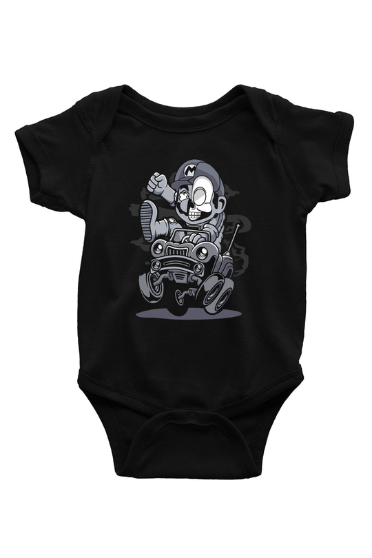 Car Racer Mario Baskılı Unisex Siyah Bebek Body - Zıbın