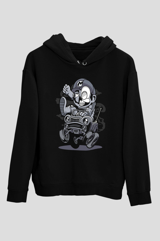 Car Racer Mario Baskılı Unisex Siyah Hoodie