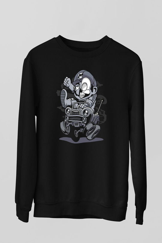 Car Racer Mario Baskılı Unisex Siyah Sweatshirt