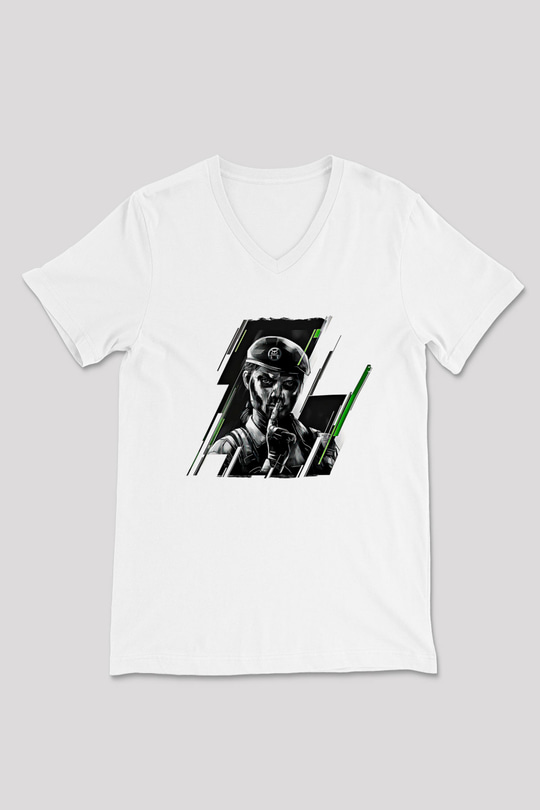 Caveira Baskılı Beyaz Unisex V Yaka Tişört - Tshirt