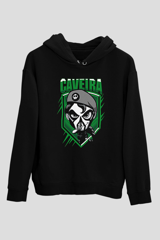 Caveira Baskılı Unisex Siyah Kapüşonlu Sweatshirt